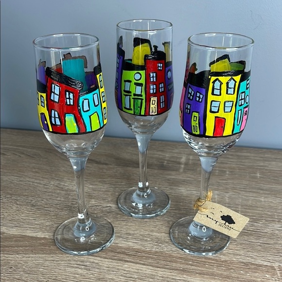 My Tree Design Jelly Bean Row Colorful Hand-Painted Wine Flute Glasses Set of 3 - Picture 6 of 6